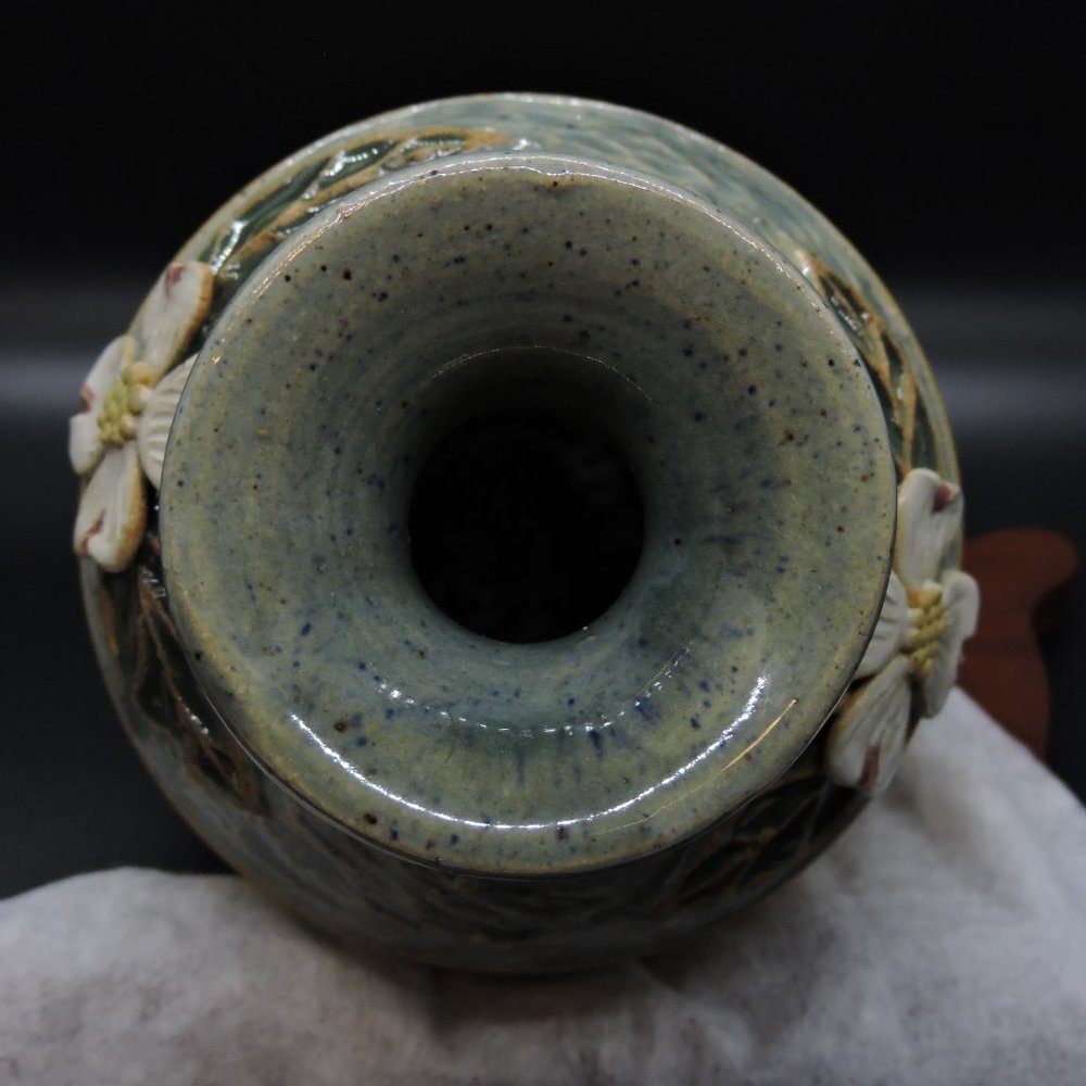 Stoneware Banded Glaze Magnolia Flower Vase Signed - Picture 9 of 15